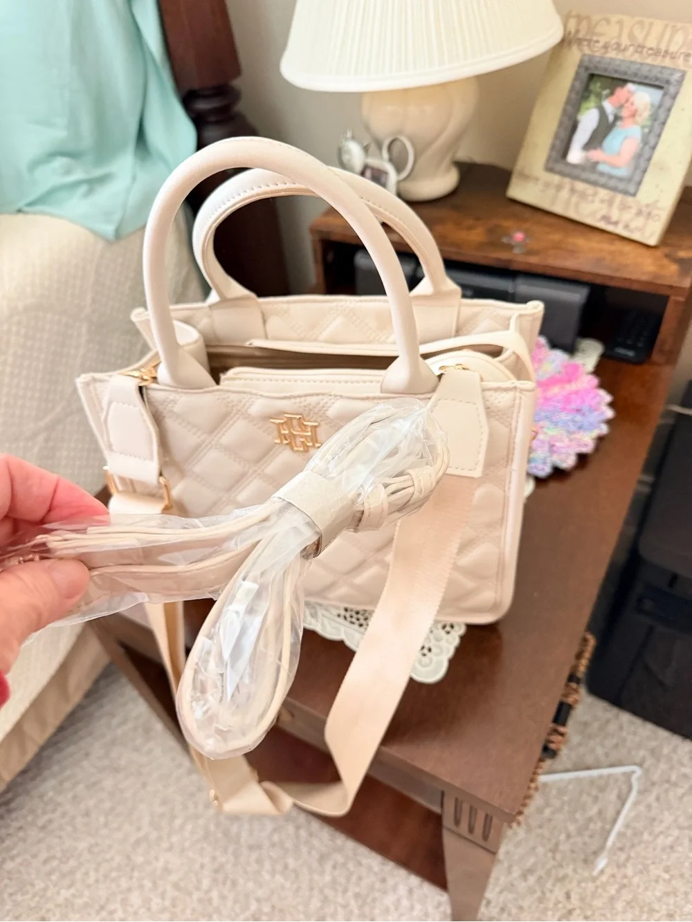 Quilted Light Beige Satchel with Detachable Strap